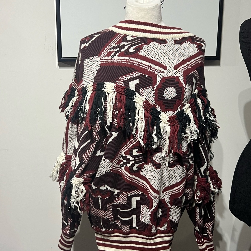 Zara Fringe Knit Sweater with Geometric Pattern - Picture 2 of 5